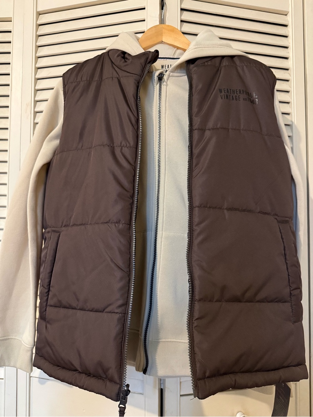 Weatherproof Brown Puffer Vest with Cream Hoodie